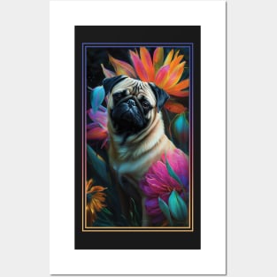 Pug Dog Vibrant Tropical Flower Tall Digital Oil Painting Portrait 2 Posters and Art